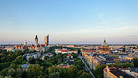 Picture panoramic skyline of Leipzig with townhall and high court at sunset, Germany
