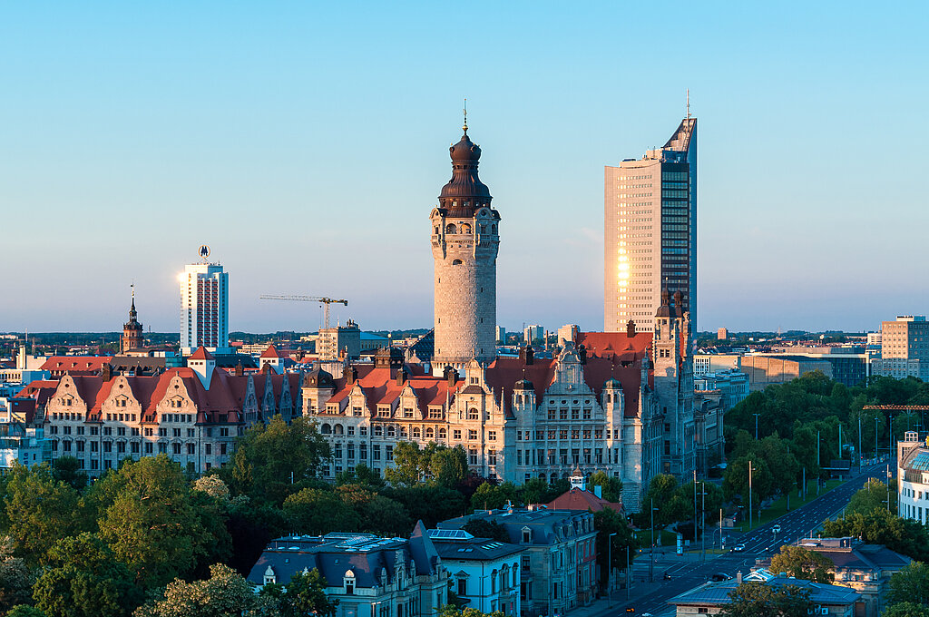 Picture Skyline of Leipzig with townhall at sunset, Germany